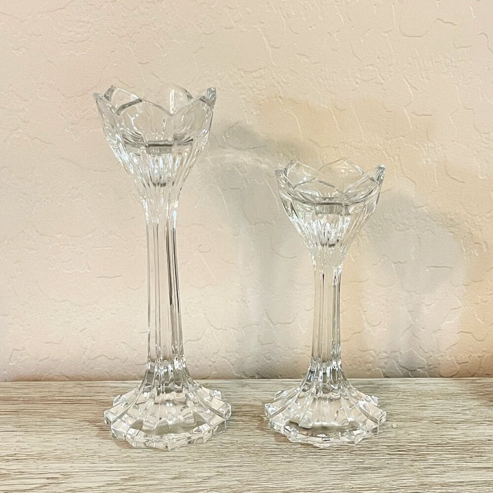 Gorham Lotus Crystal Candlesticks 7" and 9" Pair Set of 2 Germany Never Used